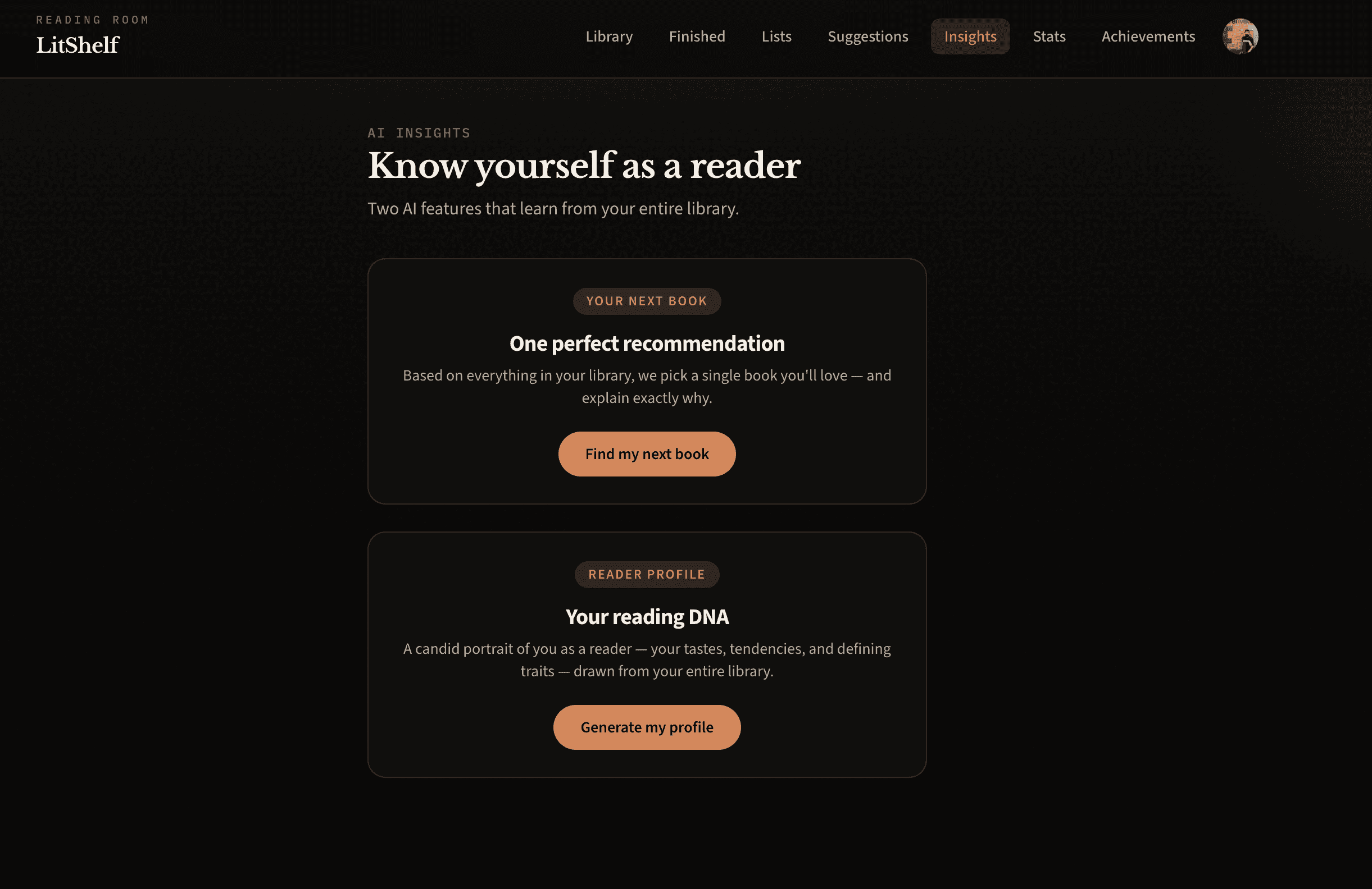 AI Insights page showing Reading DNA profile and next book recommendation