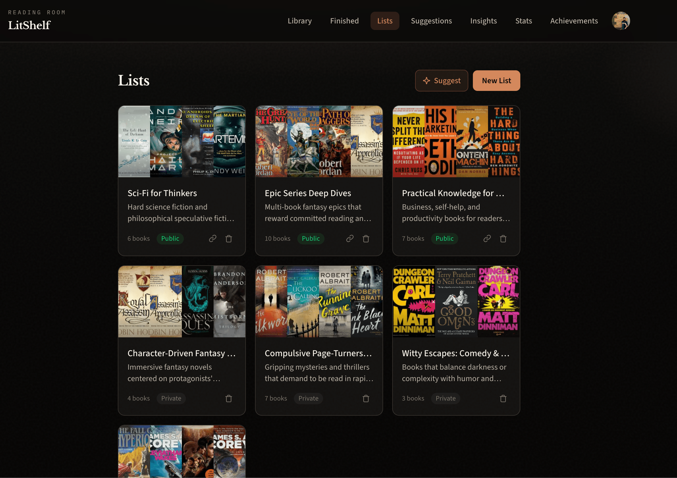 Reading lists view with curated book collections