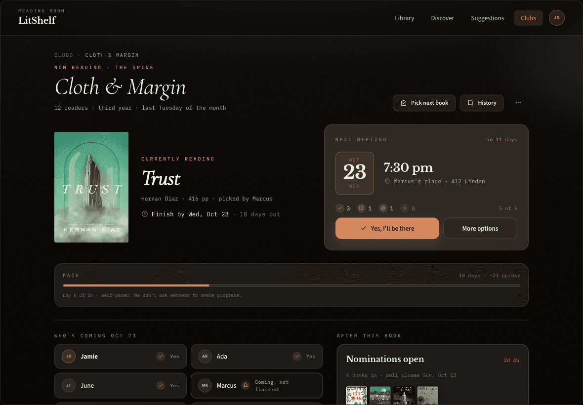 Club hub — current book, members, next meeting
